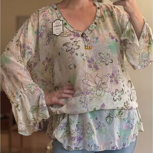 NWT Sultan Hand Made Beaded Floral Tunic Blouse Drawstring Waist V Neck Size XL